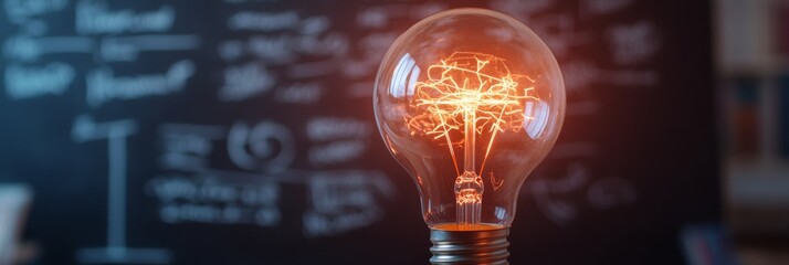 Leinwandbilder - Contemporary Educational Design Glowing Lightbulb with Chalkboard Equations Inspirational Innovation for Creative Learning in Academic Environments