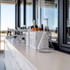 Aufkleber - Sleek Modern Laboratory Interior Glassware and Testing Equipment on White Surface - Enhancing Clinical Efficiency and High-Tech Medical Research Solutions
