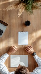Poster - Modern Collaborative Workspace Overhead View of Rustic Wooden Conference Table with Laptops and Notebooks - Business Strategy and Professional Interaction Hub for Creative Team Engagement