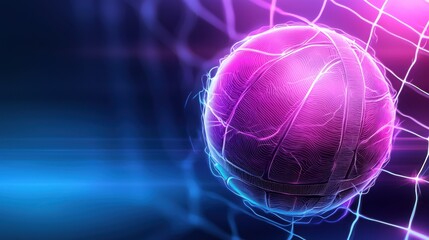 Wall Mural - Vibrant digital depicting a volleyball in mid air surrounded by a glowing rippling gradient background with electric blue and pink hues  The dynamic