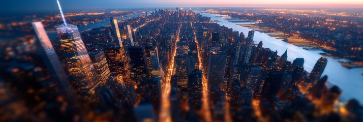 Poster - Vibrant Urban Cityscape Aerial View of Modern High-Rise Architecture Against Sunset - Smart City Planning and Metropolitan Growth Visualization for Real Estate Innovation