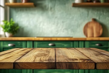 Poster - Wooden Table Top in Minimalist Kitchen with Green Walls and Shelves, Perfect for Displaying Products or Food Photography