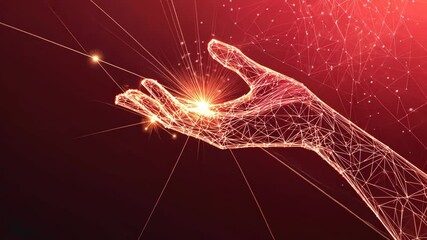 Poster - Futuristic digital hand with glowing particles and dynamic light patterns
