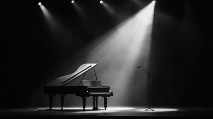 Poster - A minimalist concert stage setup with a grand piano, a single spotlight, and a microphone stand in focus.