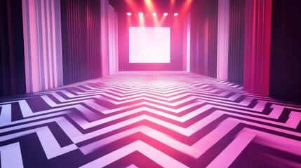 Leinwandbilder - A minimalist stage with bold geometric patterns on the floor, vivid backlighting, and a sleek digital screen backdrop.