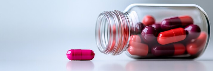 Poster - Contemporary Pharmaceutical Display Glass Jar with Red Capsules on Minimal Surface - Clinical Content and Modern Healthcare Visuals for Medical Branding