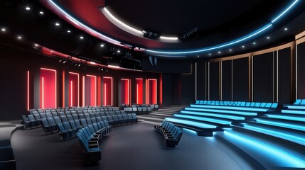 Leinwandbilder - A modern stage setup with LED panels, vibrant visuals, and futuristic lighting effects in a dark auditorium.