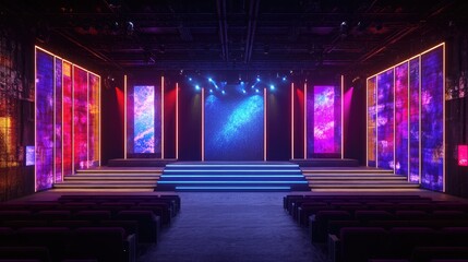 Leinwandbilder - A modern stage setup with LED panels, vibrant visuals, and futuristic lighting effects in a dark auditorium.