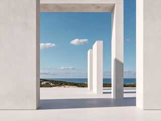 Poster - Minimalist Coastal Architecture Sunlit Concrete Pillars Framing Ocean View - Contemporary Design Content and Creative Real Estate Presentation