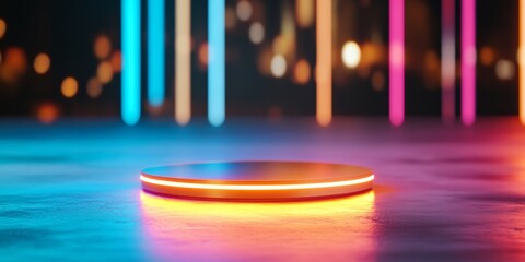 Aufkleber - Futuristic LED Podium Display Illuminated Acrylic Stage with Vibrant Neon Outlines on Concrete - Event Presentation and Digital Marketing in Tech-Driven Business Spaces