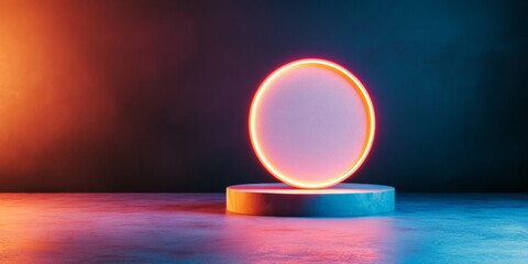Poster - Neon-Lit Minimalist Podium Display Circular Concrete Platform with Vibrant Edge Glow - Modern Event Staging and Digital Marketing Visuals for Business Innovation