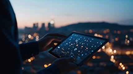 Aufkleber - Contemporary Urban Smart Home Interface AI Tablet Displaying Security and Automation - Streamlined Tech for Modern Living and Urban Efficiency