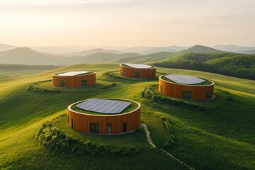 Aufkleber - Futuristic Eco Habitats Circular Modular Homes with Solar Roofs in Rural Korea - Prefab Architecture for Sustainable Living Solutions and Environmental Harmony