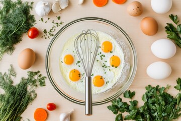 Canvas Print - Natural Culinary Simplicity Spin-Whisked Eggs with Fresh Vegetables and Herbs on Light Wood - Quick Breakfast Solutions for Busy Modern Cooking