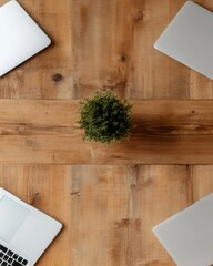 Poster - Minimalist Corporate Workshop Space Sleek Laptops and Greenery on Rustic Wooden Table - Engaging Professional Environments and Eco-Friendly Work Settings for Modern Skill Development