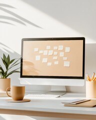 Aufkleber - Nordic Minimalist Workspace Sleek Desktop with Virtual Whiteboard and Plants - Enhancing Remote Productivity and Creative Collaboration in Home Offices