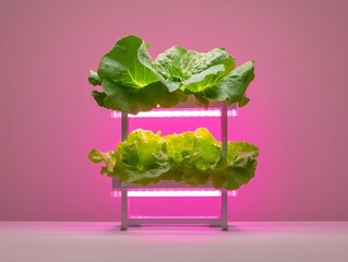 Aufkleber - Modern Urban Hydroponics Minimalist Vertical Farming Racks with Pink LED Illumination for Sustainable Indoor Agriculture and Eco-Friendly City Living
