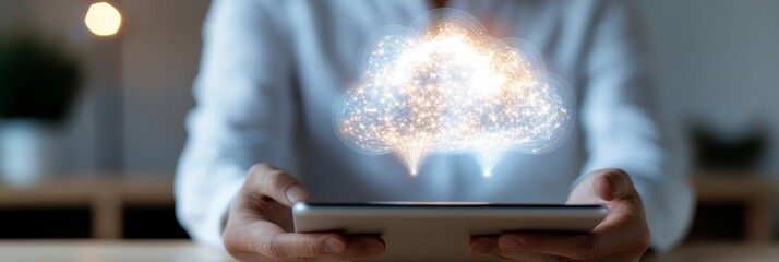 Poster - Futuristic Holographic Interface Interactive Cloud Display on Sleek Tablet - Digital Transformation and Automation for Business Innovation