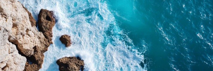 Aufkleber - Aerial Coastal Symphony Turquoise Ocean Waves Against Rocky Shore - Nature for Modern Wellness Resorts and Eco-Tourism Branding