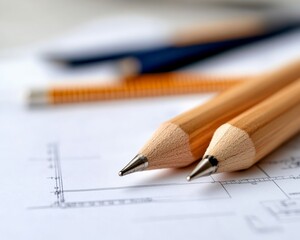 Poster - Minimalist Drafting Aesthetic Wooden Pencils on Precision Blueprints for Modern Architectural Design - Streamlined Engineering Content for Innovative Construction Planning