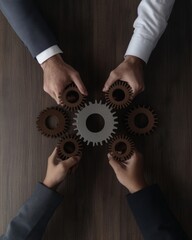 Poster - Collaborative Industrial Tech Artistry Metallic Gears in Diverse Hands on Wood Surface - Modern Teamwork and Innovation for Business Strategy and Manufacturing Synergy