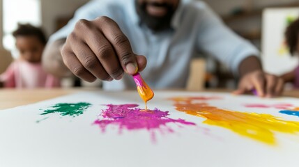 Aufkleber - Bright and Inclusive Preschool Art Male Teacher with Students Finger Painting in Sunlit Classroom - Sustainable Education and Child Development Content