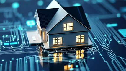 Aufkleber - Smart home technology: miniature house on digital circuit board illuminates future connectivity