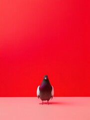 Poster - Vibrant Minimalist Red Backdrop with Pigeon - Bold Visual Content for Marketing and Modern Design, Capturing Urban Freshness and Audacious Style