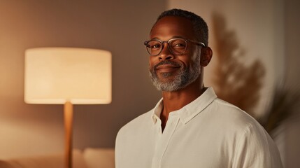 Poster - Midcentury Modern Smart Home Lighting Middle-Aged Man Demonstrates Voice-Activated Lamp Tech in Sleek Neutral Living Room - Innovative Eco-Friendly Interior Solutions