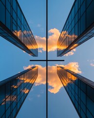 Aufkleber - Contemporary Urban Skyscraper Symmetry Reflective Glass and Modern Steel Architecture for Innovative Commercial Real Estate and Business Development Presentations