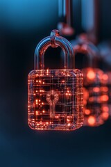 Poster - Futuristic Cybersecurity Concept Digital Lock with Neon Grid Design in Metaverse Style - Advanced Data Protection and Innovative Network Security Solutions for Tech Industry
