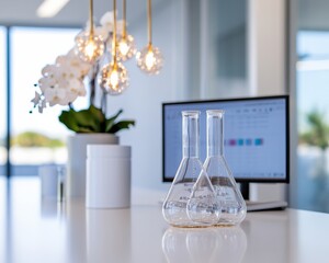 Poster - Minimalist Laboratory Setup Sleek Glassware and Orchid Under Modern Lighting - Enhancing Scientific Accuracy for Cutting-Edge Biotech Analysis and Data Integrity