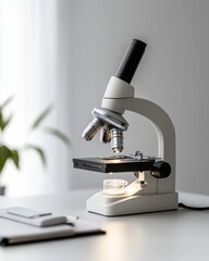 Aufkleber - Minimalist Laboratory Vibe Sleek Microscope on White Desk in Sunlit Room - Modern Healthcare Visuals and Professional Medical Content for Innovative Research Marketing