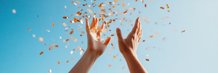 Aufkleber - Vibrant Outdoor Celebration Hands Amidst Flying Confetti - Modern Emotional Well-Being and Personal Growth Content for Social Media and Lifestyle Branding