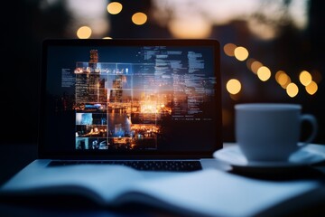 Aufkleber - Ambient Tech Workspace Remote Work Laptop with Video Conference Grid, Urban Skyline Reflections and Coffee - Enhancing Virtual Team Collaboration in Modern Business