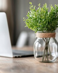 Poster - Nordic Minimalist Workspace Eco-Friendly Glass Vase with Greenery On Rustic Wooden Desk - Sustainable Office Design and Biophilic Work Environment for Enhanced Focus