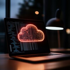 Poster - Neon Cloud Icon on Laptop Digital Network Interface in Sleek Workspace - Cutting-Edge Tech Services Content and Visualizing Cloud Solutions for Business Innovation