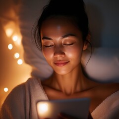 Aufkleber - Minimalist Wellness Tech Cozy Evening with Smart Device and Fitness Tracker - Young Asian Professionals Health-Enhanced Reading Space for Modern Lifestyle Optimization