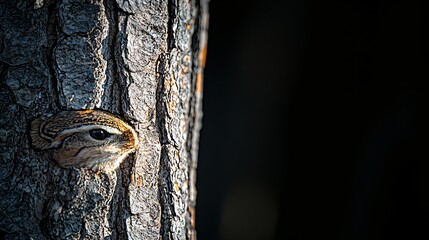 Wall Mural - Chipmunk peeking from tree trunk, forest background, wildlife photography