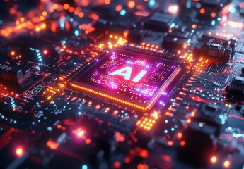 Poster - Abstract close-up of a futuristic microchip circuit board with glowing elements and an AI symbol, depicting advanced technology and innovation in electronics