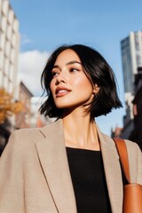 Leinwandbilder - Dynamic Business Casual Confident Young Professional in Beige Blazer and Tote Amidst Urban Architecture - Modern Marketing and Urban Safety Insights