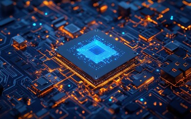 Poster - Abstract close-up view of a futuristic microchip on a circuit board glowing with blue and orange lights, showcasing intricate electronic components and connections
