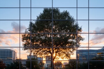 Aufkleber - Urban Symmetry Eco-Friendly Glass Facade with Tree Reflection - Innovative Architecture Design for Sustainable Real Estate and Modern Urban Development