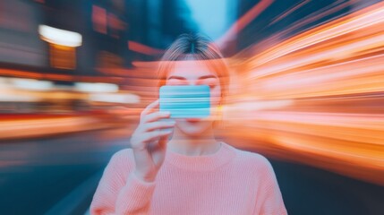 Aufkleber - Holographic Connectivity Young Woman with Smartphone on Vibrant City Street - Modern Tech Aesthetic for Digital Marketing and Urban Mobile Integration