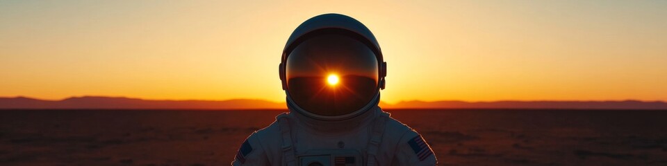 Poster - Mars Exploration Visuals Astronaut Silhouette in Hazy Sunset on Rocky Terrain - Futuristic Space Design for Tech Marketing and Educational Outreach
