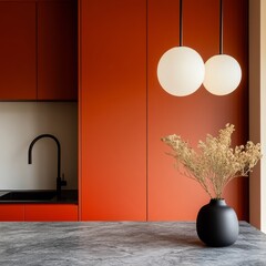 Poster - Contemporary Minimalist Kitchen Terracotta Cabinetry and Matte Marble Countertops for Cutting-Edge Interior Design and Efficient Home Solutions - Residential Visualization and Style