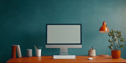 Poster - Minimalist Office Workspace for Enhanced Productivity Sleek Computer Monitor and Eco-Friendly Stationery Arrangement on Wooden Desk - Modern Business Environment Design