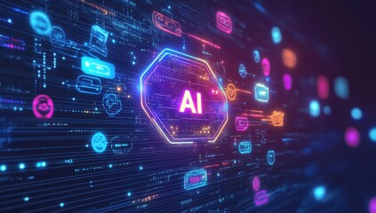 Poster - Abstract digital background showcasing vibrant neon graphics representing artificial intelligence technology and data processing concepts with glowing elements