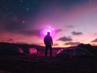 Aufkleber - Sci-Fi Aesthetic Illumination Childs Silhouette with Glowing Orb in Metallic Crater - Futuristic Design and Visual Storytelling for Entertainment and Marketing
