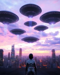 Aufkleber - Sci-Fi Cityscape Art Neon Skyline with Flying Saucers and Silver Spacesuit - Futuristic Content Creation for Tech Marketing and Digital Storytelling